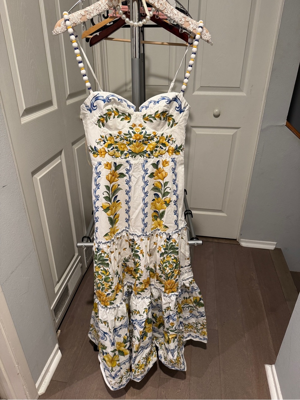 FARM Rio White Maxi Dress with Yellow Floral & Blue Scrolls